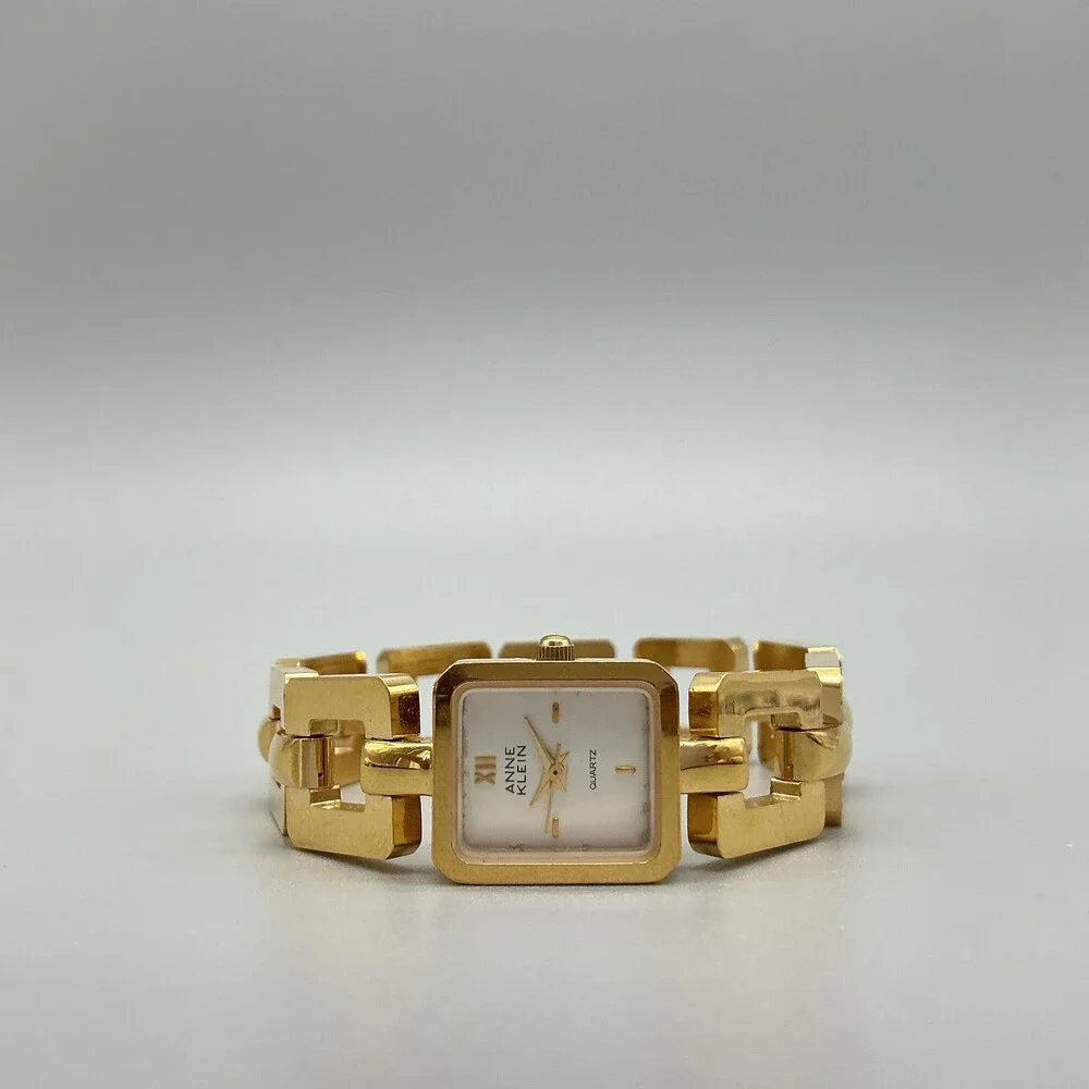 Anne Klein Womens Watch 16mm White Dial Gold Tone Square Link New Battery 6.75